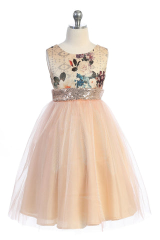 Everleigh 520 Vintage Floral Rose Gold Sequin Back V Dress