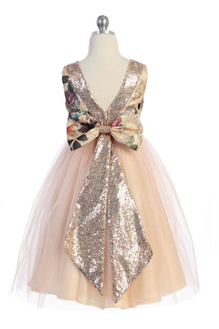 Everleigh 520 Vintage Floral Rose Gold Sequin Back V Dress