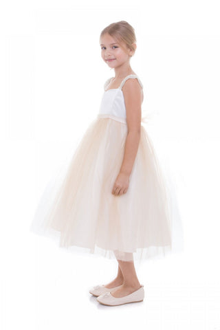 Sarah 209 Satin Top Dress with Handmade Pearl Shoulder Patch and Glitter Mesh Skirt