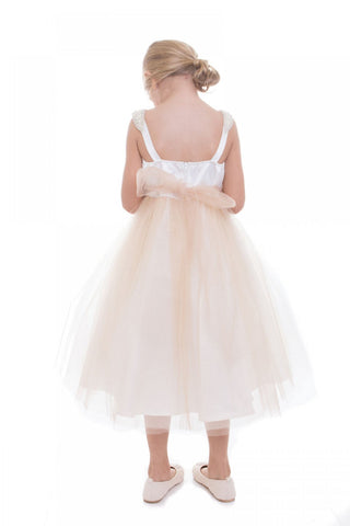 Sarah 209 Satin Top Dress with Handmade Pearl Shoulder Patch and Glitter Mesh Skirt