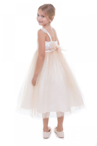 Sarah 209 Satin Top Dress with Handmade Pearl Shoulder Patch and Glitter Mesh Skirt