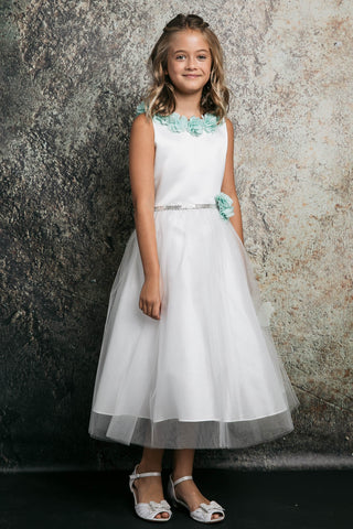 Flora 212-105 Dull Satin Top, Tulle Skirt with Chiffon Flowers Sizes 2-12