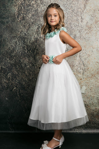 Flora 212-105 Dull Satin Top, Tulle Skirt with Chiffon Flowers Sizes 2-12