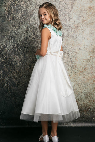 Flora 212-105 Dull Satin Top, Tulle Skirt with Chiffon Flowers Sizes 2-12