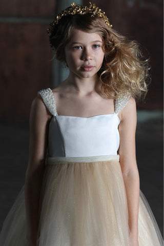 Sarah 209 Satin Top Dress with Handmade Pearl Shoulder Patch and Glitter Mesh Skirt