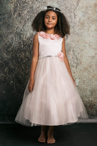 Dominique 208A-105 Dull Satin and Tulle Dress with Chiffon Flowers Sizes 2-12