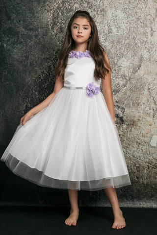 Flora 212-105 Dull Satin Top, Tulle Skirt with Chiffon Flowers Sizes 2-12